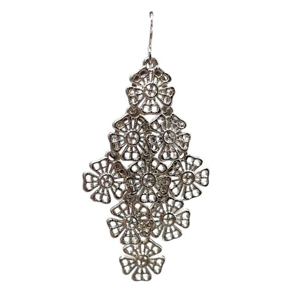Floral Cascade Pierced Earrings Dangle Intricate Filigree Silver Tone Fashion - Picture 3 of 10